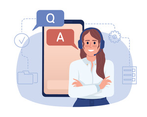 Poster - Providing excellent customer service 2D vector isolated illustration. Agent flat character on cartoon background. Colorful editable scene for mobile, website, presentation. Sniglet Regular font used