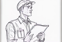 Drawing In One Continuous Line Of A Young, Gorgeous Foreman Overseeing The Construction Of A Building While Carrying A Clipboard. One Line Drawing Of A Construction Service Idea For A Building