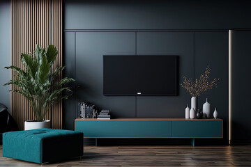 Modern living area with wall mounted TV cabinet and furnishings against a background of black walls. Generative AI