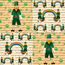 St Patricks Day Leprechaun In Green Suit, A Hat With A Buckle, Shorts, Striped Socks And Stylish Shoes With A Clover Leaf In Hand And Orange Beard, Pot With Rainbow And Inscription.