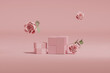 3D podium display, pastel pink background with rose flowers. Peonies flower and palm leaf shadow. Minimal pedestal for beauty, cosmetic product. Valentine, feminine copy space template 3d render