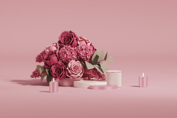 3D podium display, pastel pink background with rose flowers. Peonies flower and palm leaf shadow. Minimal pedestal for beauty, cosmetic product. Valentine, feminine copy space template 3d render