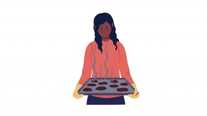 Poster - Animated disillusioned woman. Burnt pastry. Full body flat person on white background with alpha channel transparency. Colorful cartoon style HD video footage of character for animation