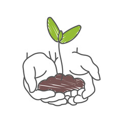 Wall Mural - Hands with sprout. Agriculture sprout in hand. Growth of plants. Sketch hand drawn. Vector line. Editable outline stroke.