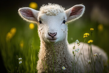 Wall Mural - close up of an adorable newborn lamb. Generative AI