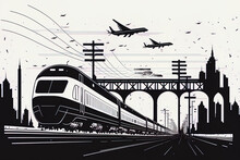 Black Outlines Illustration Of A Town's Infrastructure. Trains Go Over A Wide Bridge. A Modern Metropolis With A White Backdrop, A Commercial Structure, And A Tower. A Flying Aircraft Artwork
