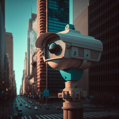 Security CCTV camera on the street of a city. Generative AI.