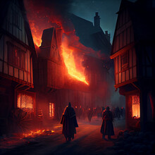 Burning Streets Of Medieval Village With People, Generative Ai