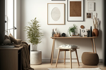 Wall Mural - Interior design of a Scandinavian living room including a chic wooden stool, mock up poster frames, a book, a ceramic jar, decorations, carpet, and personal items in a vintage style. Template