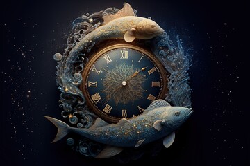 Wall Mural - Pisces_constellation_stars_clock_fish_Spring_Generative_AI