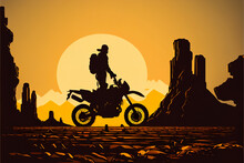 Motorcyclist On Motorcycle In Desert. Silhouette.