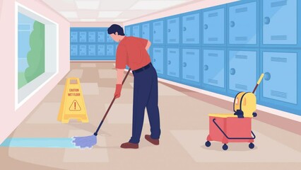 Poster - Animated school janitor in hallway. Male custodian mopping floor in corridor. Looped flat color 2D cartoon characters animation with blue lockers on background. HD video with alpha channel