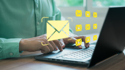 Poster - Freelancer's hand using computer laptop and sending online message with email icon, email marketing concept, send email or newsletter, internet network working online.