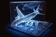 neon blue airplane model hologram on blueprint, generative ai composite