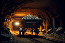 Mining Cart In Mine Tunnel. Wide Angle, Generated AI