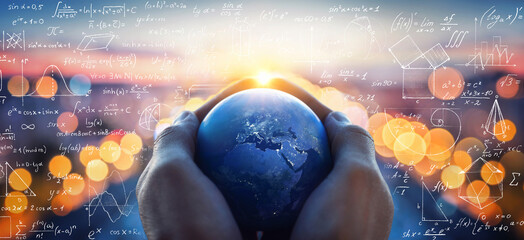 mathematical and physical formulas against background of a earth in universe. space background on th