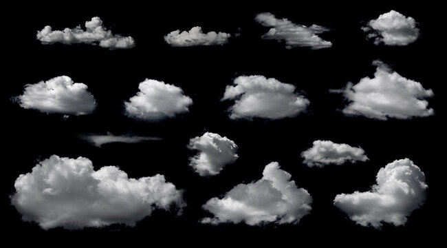 Wall Mural - Clouds set isolated on black background. White cloudiness, mist or smog background.