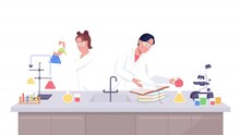Animated Science Experiment At Lab. Young Researchers. Full Body Flat People On White Background With Alpha Channel Transparency. Colorful Cartoon Style HD Video Footage Of Characters For Animation