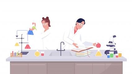 Poster - Animated science experiment at lab. Young researchers. Full body flat people on white background with alpha channel transparency. Colorful cartoon style HD video footage of characters for animation