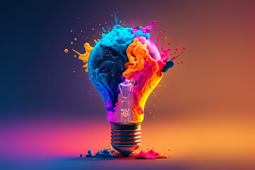 a colorful glowing idea bulb lamp, visualization of brainstorming, bright idea and creative thinking