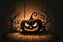 Halloween Themed Wooden Planks With Torches And Eerie Tones And A Spooky Pumpkin Wallpaper Halloween Pumpkin With Luminous Eyes Up Close Against A Dark Backdrop. Generative AI