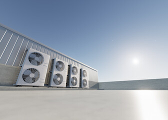 Wall Mural - 3d rendering of condenser unit or compressor on rooftop of industrial plant, factory. Unit of ac or air conditioner, hvac or heating ventilation and air conditioning system. Motor, pump and fan inside