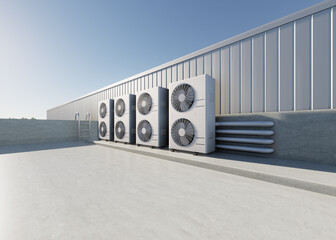 Wall Mural - 3d rendering of condenser unit or compressor on rooftop of industrial plant, factory. Unit of ac or air conditioner, hvac or heating ventilation and air conditioning system. Motor, pump and fan inside