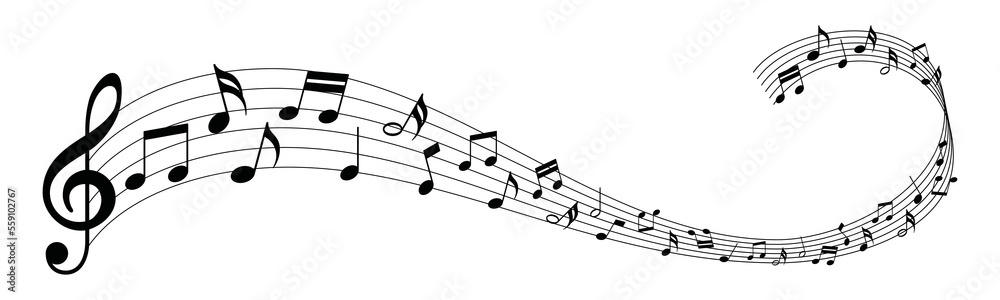 Musical notes melody flowing on white background representing artistic freedom