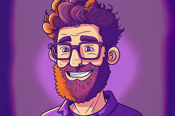 Poster - Illustration of a cheerful hipster grinning. Standing guy in close up cartoon on a violet backdrop. Ui ux avatar. Generative AI