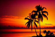 Beautiful Colorful Sunset On Tropical Ocean Beach With Coconut Palm Trees Silhouettes - Generative Ai