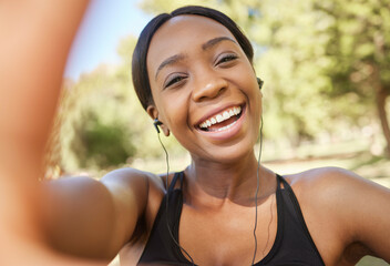 Wall Mural - Fitness, selfie and black woman in park for workout, exercise and healthy lifestyle with music. Portrait, smile and female athlete taking photograph for social media, sports wellness and video call