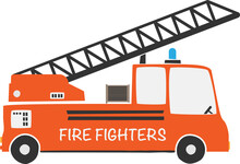 Red Fire Truck Illustration For Children, Scandinavian Style Vector Illustration