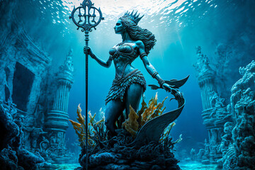 atlantis underwater scene, the magic ocean lady, beautiful young woman with long hair on the ground 