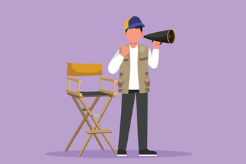 Wall Mural - Cartoon flat style drawing of male film director standing and holding megaphone with thumbs up gesture while prepare camera crew for shooting action romantic series. Graphic design vector illustration