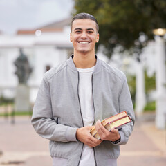Leinwandbilder - Study, books and student portrait at university, college or campus for research, knowledge and scholarship motivation. Happy young man with outdoor learning for exam, studying and reading inspiration