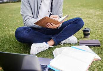 Aufkleber - Study, laptop and student in park writing at university, college or campus for education research, planning schedule or scholarship. Relax person on grass learning on technology and notebook for exam