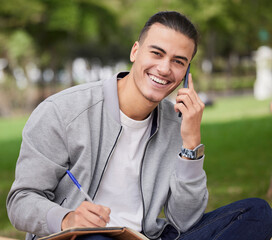 Wall Mural - Phone call, park and student portrait writing in notebook at university, college or campus for research, planning schedule or scholarship. Man talking on phone and learning on grass for mental health