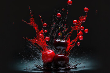 Poster - a black backdrop with splashes of scarlet juice from red cherry. Generative AI