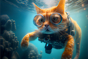 The cat is snorkeling. Cat in a mask for swimming under water. AI generated.