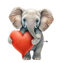Cute Adorable Elephant Holding A Red Valentine Heart Isolated On A Transparant Background - Generative AI