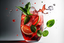 A Mint Leaf Is Added To An Iced Fruit Tea Or Cool Watermelon Beverage In A Transparent Glass. A Cool Summer Beverage. Copy Space On A Gray Backdrop. Generative AI
