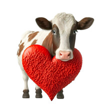 Cute Adorable Cow Holding A Red Valentine Heart Isolated On A Transparant Background - Generative AI