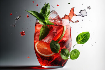 Sticker - a mint leaf is added to an iced fruit tea or cool watermelon beverage in a transparent glass. a cool