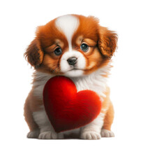 Cute Adorable Puppy Dog Holding A Red Valentine Heart Isolated On A Transparant Background - Generative AI