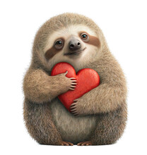 Cute Adorable Sloth Holding A Red Valentine Heart Isolated On A Transparant Background - Generative AI
