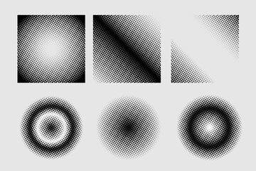Set of halftone dots curved gradient pattern texture isolated on white background.