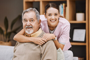 Poster - Healthcare, support and nurse with a senior man for medical attention, consulting and nursing from a house. Trust, hug and portrait of a caregiver with support for an elderly patient in retirement