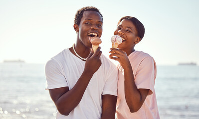 Wall Mural - Portrait, black couple and ice cream on beach, love and bonding together on vacation. Romance, man and woman with cold desserts, seaside holiday and loving for relationship, break or weekend to relax