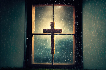 Wall Mural - a window is being covered in rain and showers. Bibles and crosses lit up. Generative AI