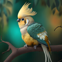 Cockatiel sitting on a branch, Generative AI